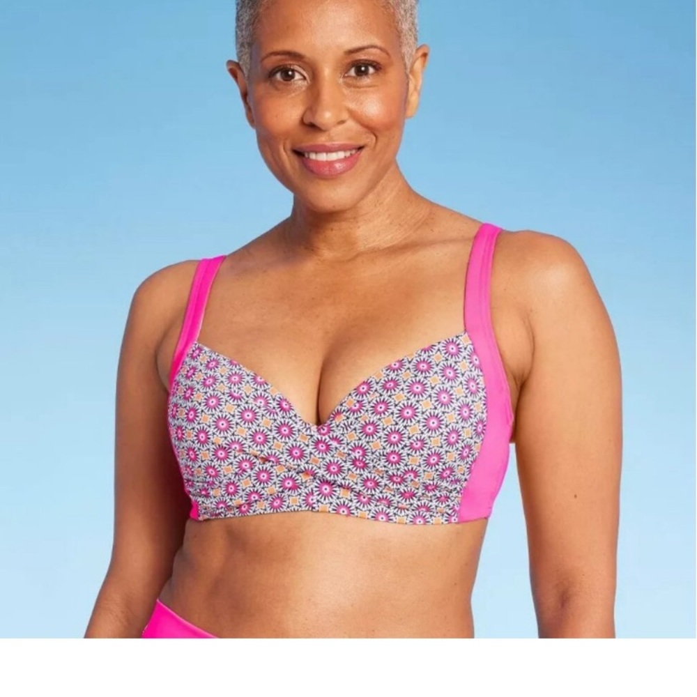 Floral Pink +Orange underwire-front twist asymmetrical shapes-Bikini Top UF 50